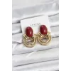 Pirinç Gold Renk Bordo Taşlı Vintage Kadın Küpe