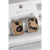 Pirinç Gümüş Renk Leopar Desenli Kare Model Kadın Küpe