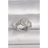 Pirinç Gümüş Renk Zincir Model Zirkon Taşlı Kalp Model Kadın Yüzük