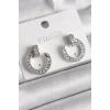 Pirinç Gümüş Renk Zirkon Taşlı Çivi Halka Model Kadın Küpe