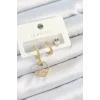 Pirinç Zirkon Taşlı Göz Ve Baykuş Model Gold Renk 3lü Çift Kadın Küpe Set