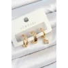Pirinç Zirkon Taşlı Halka Model Gold Renk 3lü Çift Kadın Küpe Set