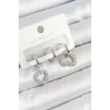 Pirinç Zirkon Taşlı Kalp Model Gümüş Renk 3lü Çift Kadın Küpe Set