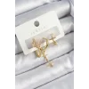 Pirinç Zirkon Taşlı Yıldız Model Gold Renk 3lü Çift Kadın Küpe Set