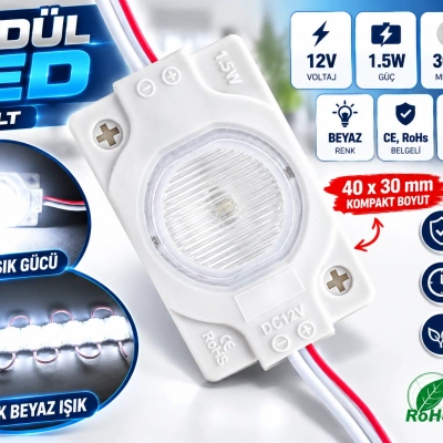 12V 1.5W Beyaz Modül LED 3030 Mercekli 40x30 mm – Yüksek Parlaklık Tabela ve Dekoratif Aydınlatma