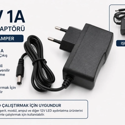 12v 1 Amper Adaptör - 5.5*2.5 Uçlu Adaptör - Led , Router veya kamera İçin Uygundur