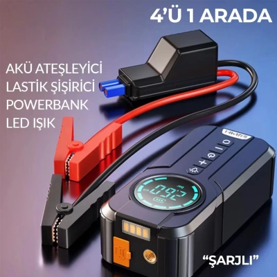 Taşınabilir Şarjlı Jump Starter - Akü Takviyesi + Lastik Şişirici + Powerbank + Led Işık Hepsi Bir Arada