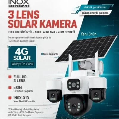 İnox Solar Güvenlik Kamerası - İnox X13 4G e-SİM Destekli 2 + 2 + 2 MP Güneş Enerjili Güvenlik Kamerası