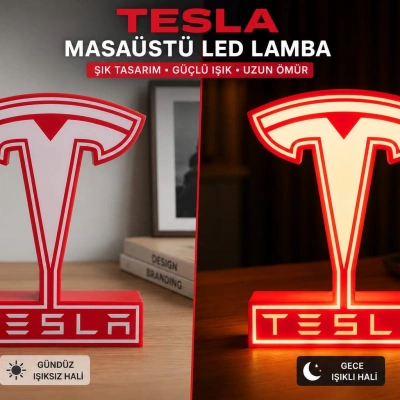 Tesla Masa Lambası , Tesla Logolu Led Işıklı Masa Lambası , Tesla Gündüz Gece Masa Lambası