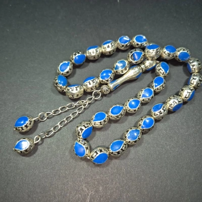 Alpaka Tesbih , Mine İşlemeli Alpaka Tesbih , Püsküllü Mavi İşlemeli Ağır Tespih