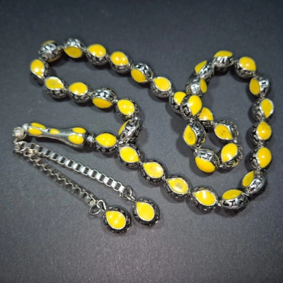 Alpaka Tesbih , Mine İşlemeli Alpaka Tesbih , Püsküllü Sarı İşlemeli Ağır Tespih