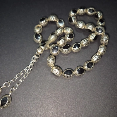 Alpaka Tesbih , Mine İşlemeli Alpaka Tesbih , Püsküllü Siyah İşlemeli Ağır Tespih