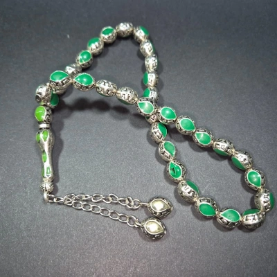 Alpaka Tesbih , Mine İşlemeli Alpaka Tesbih , Püsküllü Yeşil İşlemeli Ağır Tespih