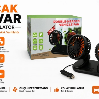Araç İçi Vantilatör - 2 Başlıklı , Çakmaklık Girişli 12V Araç İçi Fan - Numaratörlü Oto Vantilatör