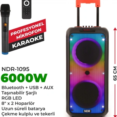 Carboon Bluetooth Hoparlör - NDR-1095 Büyük Boy Karaoke ve Parti Hoparlörü , Tekerlekli , Çek çekli , Mikrofonlu , RBG Bluetooth Hoparlör