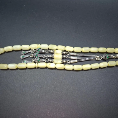 Damla Kehribar Tesbih , Usta İşi Gümüş Püsküllü Damla Tesbih , Gümüş Püsküllü Kaya Damla Kehribar Tespih