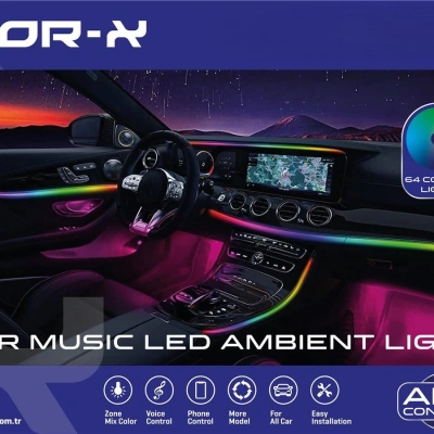 For-x Araç İçi Ambiyans Led Aydınlatma - For-x X-LED64P 64 Renkli Müziğe Duyarlı RBG Led Ambians Aydınlatma