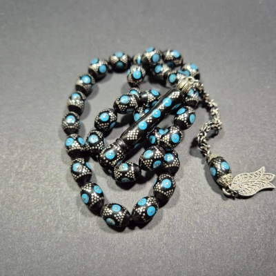 Gümüş Çakımlı Oltu Tesbih , Firuze İşlemeli Oltu Tesbih , Gümüş Çakım Firuze İşlemeli Oltu Tespih