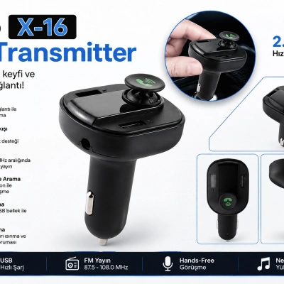 Hello X16 FM Transmitter -  Led Ekran 2xUSB-TF-Bluetooth Destekli 2.1A Fm Transmitter