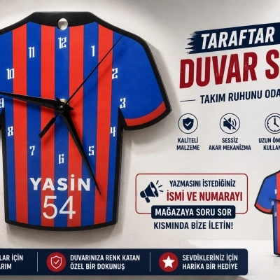 İsimli Taraftar Duvar Saati , Kişiye Özel - Hediyelik İsimli Forma Duvar Saati - İsimli Bordo Mavi Duvar Saati