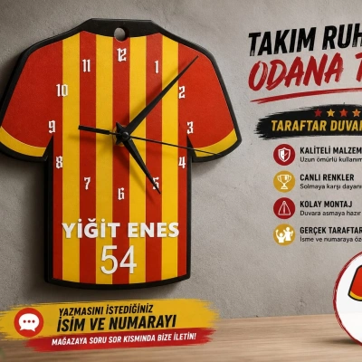 İsimli Taraftar Duvar Saati , Kişiye Özel - Hediyelik İsimli Forma Duvar Saati - İsimli Sarı Kırmızı Duvar Saati