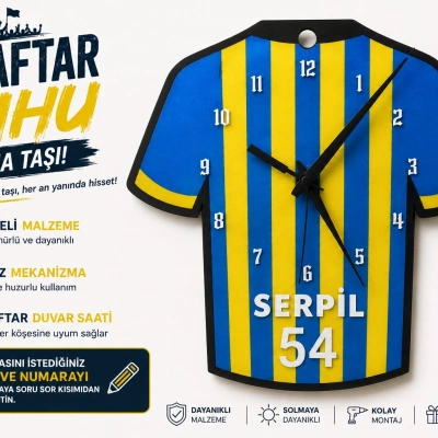 İsimli Taraftar Duvar Saati , Kişiye Özel - Hediyelik İsimli Forma Duvar Saati - İsimli Sarı Lacivert Duvar Saati