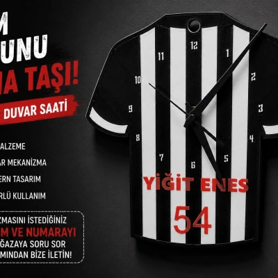 İsimli Taraftar Duvar Saati , Kişiye Özel - Hediyelik İsimli Forma Duvar Saati - İsimli Siyah Beyaz Duvar Saati