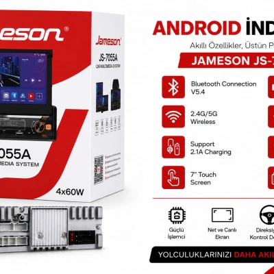 Jameson Android İndash Teyp – Jameson JS-7055A Android İndash Kızaklı Ekranlı Teyp – Park Kameralı