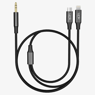 Linktech Aux to Type-C ve Lightning Dönüştürücü - Linktech A204 3.5mm Auxu Type-C ve Lightning Dönüştürücü