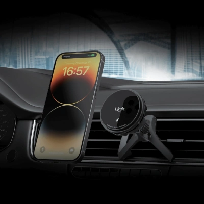 Linktech Magsafe Wireless Şarj Aleti ve Araç Telefon Tutacağı - Telefon Izgarası Ayarlanabilir Dönebilen Telefon Tutacağı