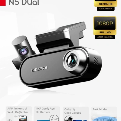 DDPAI N5 DUAL Çift Kameralı Araç Ön ve Arka Kayıt kamerası , 4K, Wi-Fi, GPS , Araç İçi + Arka Kamera Siyah