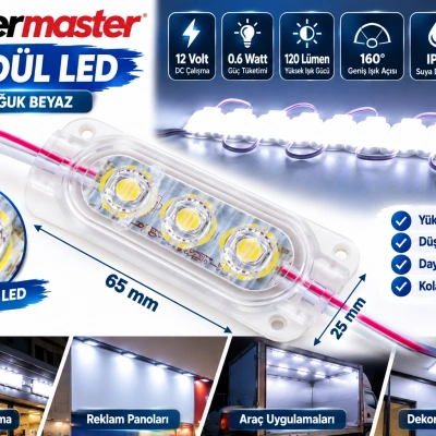 Powermaster 12V 0.6W Soğuk Beyaz 2835 SMD Modül LED 65x25 mm IP65 120 Lümen 160° Geniş Açılı