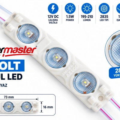 Powermaster 12V 1.5W Soğuk Beyaz 2835 Modül LED 73x16 mm IP65 195-210 Lümen 170° Geniş Açılı