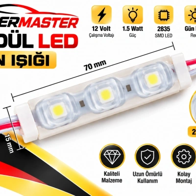 Powermaster 12V 1.5W Gün Işığı Modül LED 2835 SMD 70x15 mm – Tabela, Reklam ve Dekoratif Aydınlatma