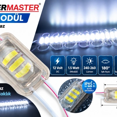 Powermaster 12V 1.5W Soğuk Beyaz 2835 Modül LED 85x73 mm IP65 240-260 Lümen 180° Geniş Açılı