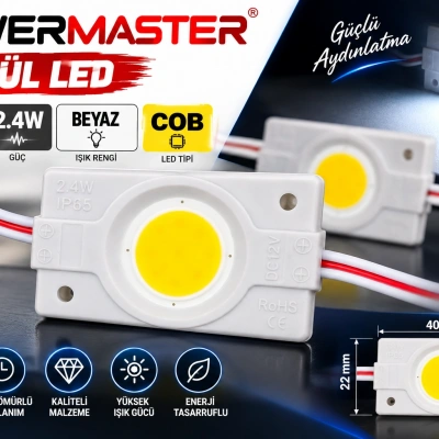 Powermaster 12V 2.4W Beyaz COB Modül LED 40x22 mm IP65 Suya Dayanıklı Aydınlatma