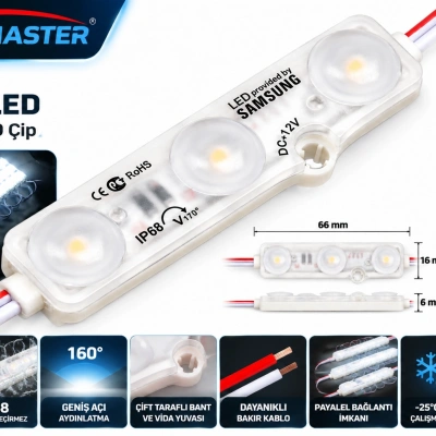 Powermaster 6616 Samsung Çipli Modül LED 12V 1.5W Soğuk Beyaz 6500K IP68 Su Geçirmez 3 LEDli