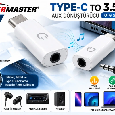 Powermaster KY-195 Type-C to 3.5 mm AUX Dönüştürücü OTG Ses Adaptörü – USB-C Kulaklık ve Ses Çıkış Aparatı Beyaz