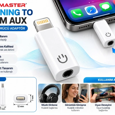 PowerMaster Lightning to 3.5mm AUX Kulaklık Dönüştürücü Adaptör – iPhone Uyumlu Ses Çevirici