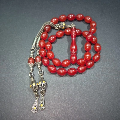 Sıkma Kehribar Tesbih , Usta İşi Gümüş Püsküllü Tesbih , Gümüş Püsküllü Sıkma Kehribar Tespih