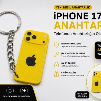 Telefon Görünümlü Anahtarlık , iPhone 17 Sarı Anahtarlık - iPhone Görünümlü Araba Anahtarlığı
