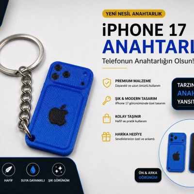 Telefon Görünümlü Anahtarlık , iPhone 17 Mavi Anahtarlık - iPhone Görünümlü Araba Anahtarlığı