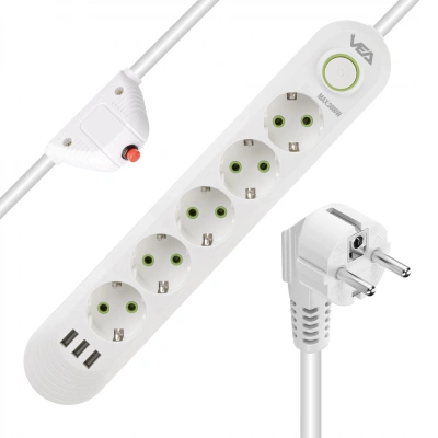 VEA 5li Akım Korumalı Grup Priz , 1.5 Metre 3 USBli 5li Priz , Beyaz Akım Korumalı 5li Priz