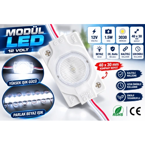 12V 1.5W Beyaz Modül LED 3030 Mercekli 40x30 mm – Yüksek Parlaklık Tabela ve Dekoratif Aydınlatma