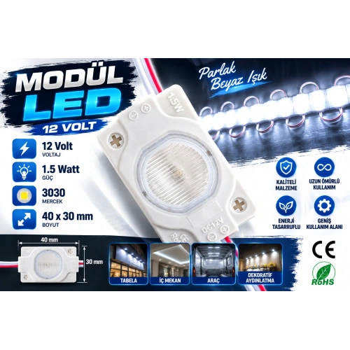 12V 1.5W Beyaz Modül LED 3030 Mercekli 40x30 mm – Yüksek Parlaklık Tabela ve Dekoratif Aydınlatma