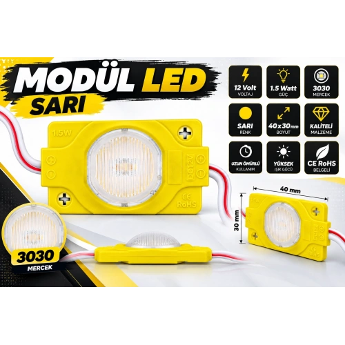 12V 1.5W Sarı Modül LED 3030 Mercekli 40x30 mm Yüksek Işıklı Reklam Tabela LEDi