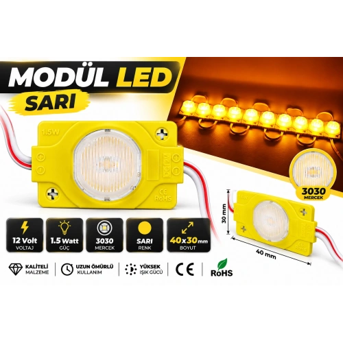 12V 1.5W Sarı Modül LED 3030 Mercekli 40x30 mm Yüksek Işıklı Reklam Tabela LEDi