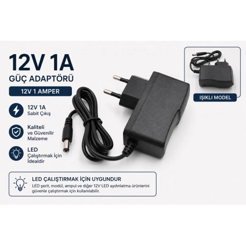 12v 1 Amper Adaptör - 5.5*2.5 Uçlu Adaptör - Led , Router veya kamera İçin Uygundur