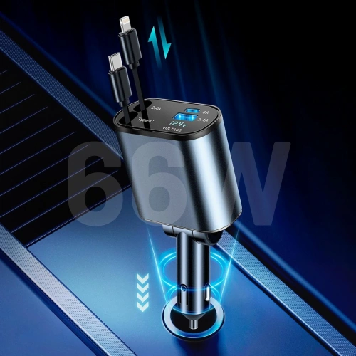Araç Çakmaklık Şarj Aleti - 66W Dahili Çekilebilir Kablolu Type C & Lightning Çakmaklık Araç Hızlı Şarj Aleti