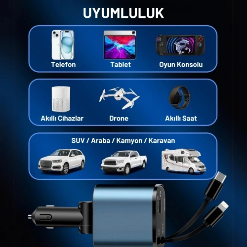 Araç Çakmaklık Şarj Aleti - 66W Dahili Çekilebilir Kablolu Type C & Lightning Çakmaklık Araç Hızlı Şarj Aleti